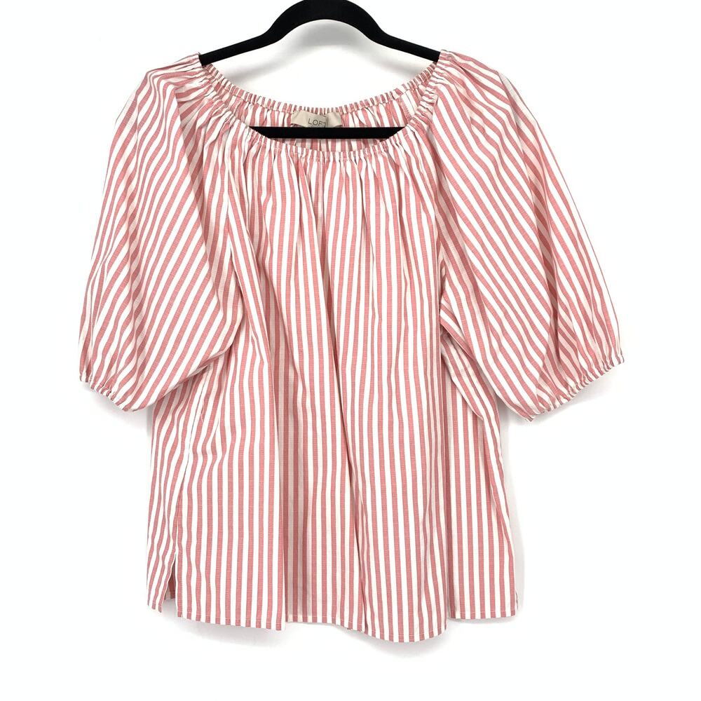 LOFT Off Shoulder Top Womens Size Large Short Sleeve Red White Striped